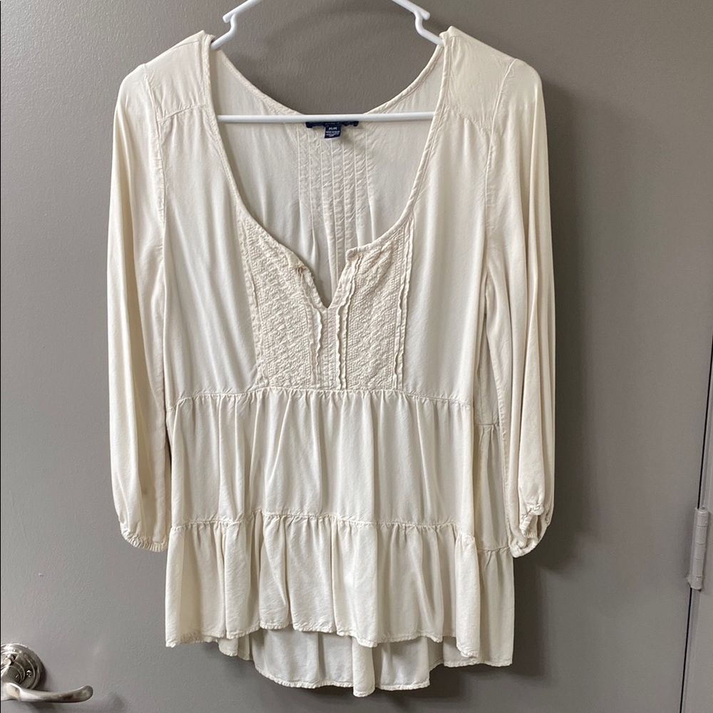 American Eagle Outfitters Cream Smocked Tiered Blouse
